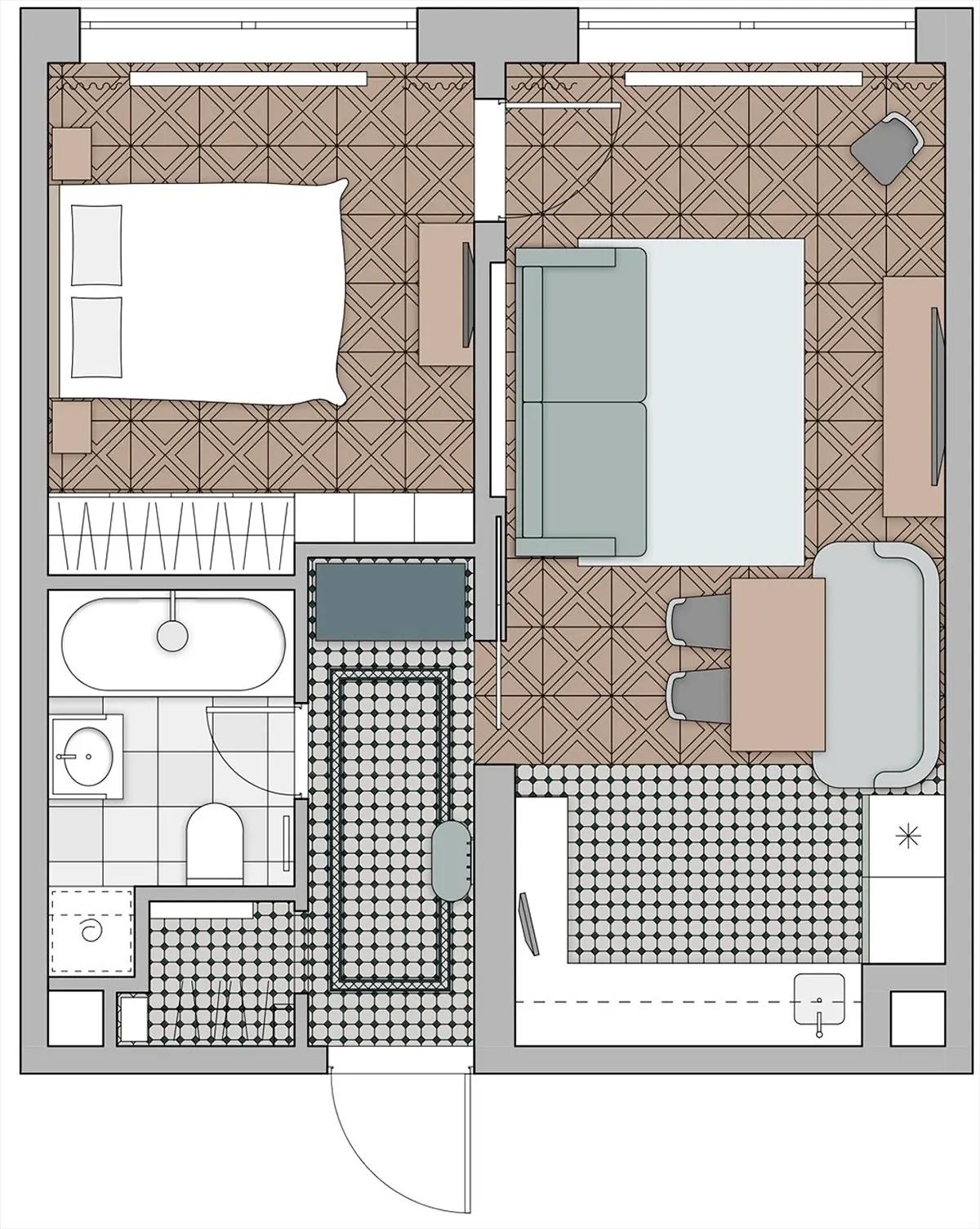 Планировка евродвушки 44 кв.м.