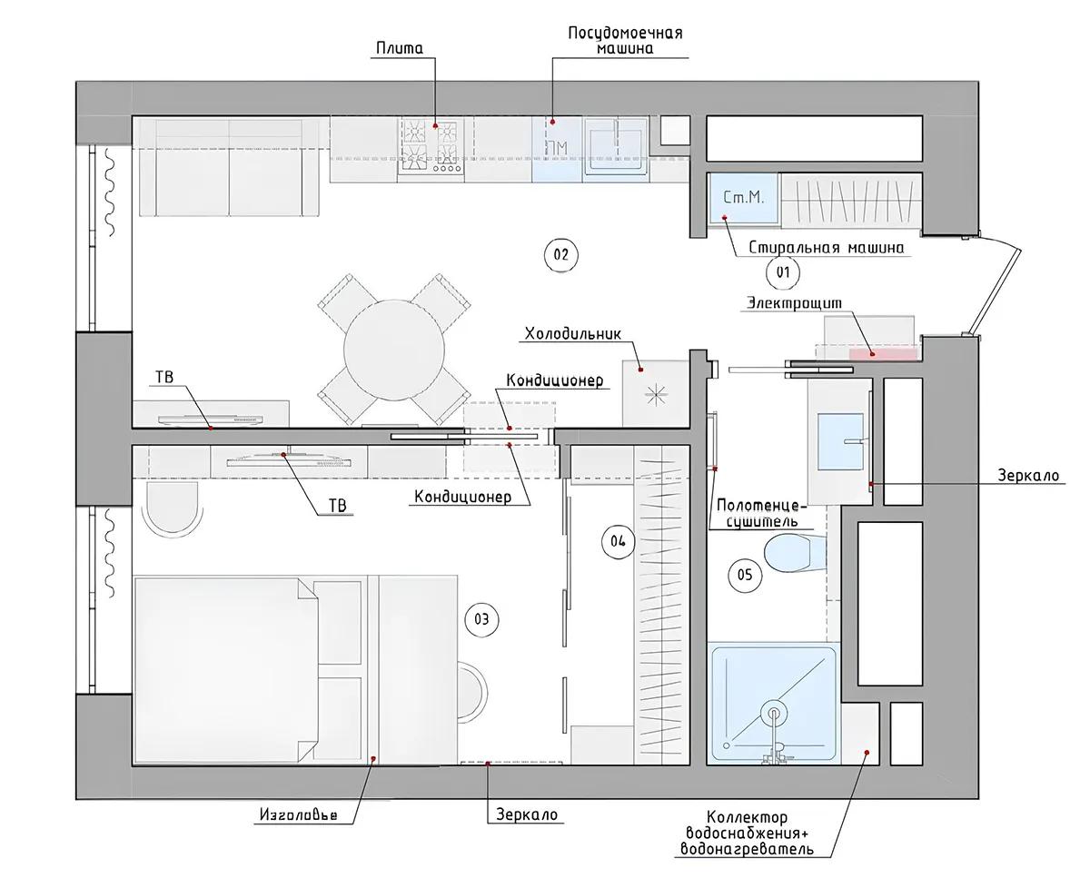 План 1-комнатной квартиры 35.кв.м. в ЖК «Д1» в Москве