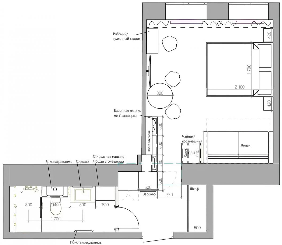 План квартиры-студии 30 кв.м.