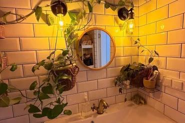 Уютный уголок в ванной комнате с раковиной, растениями, круглым зеркалом.