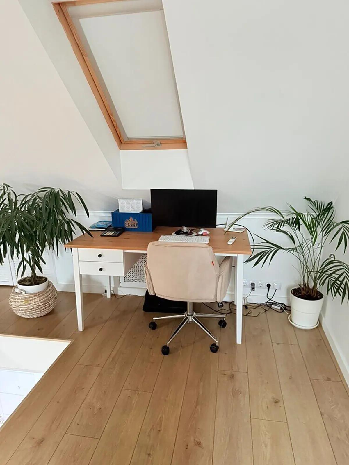 Рабочее место на мансардном этаже с компьютером и растениями
