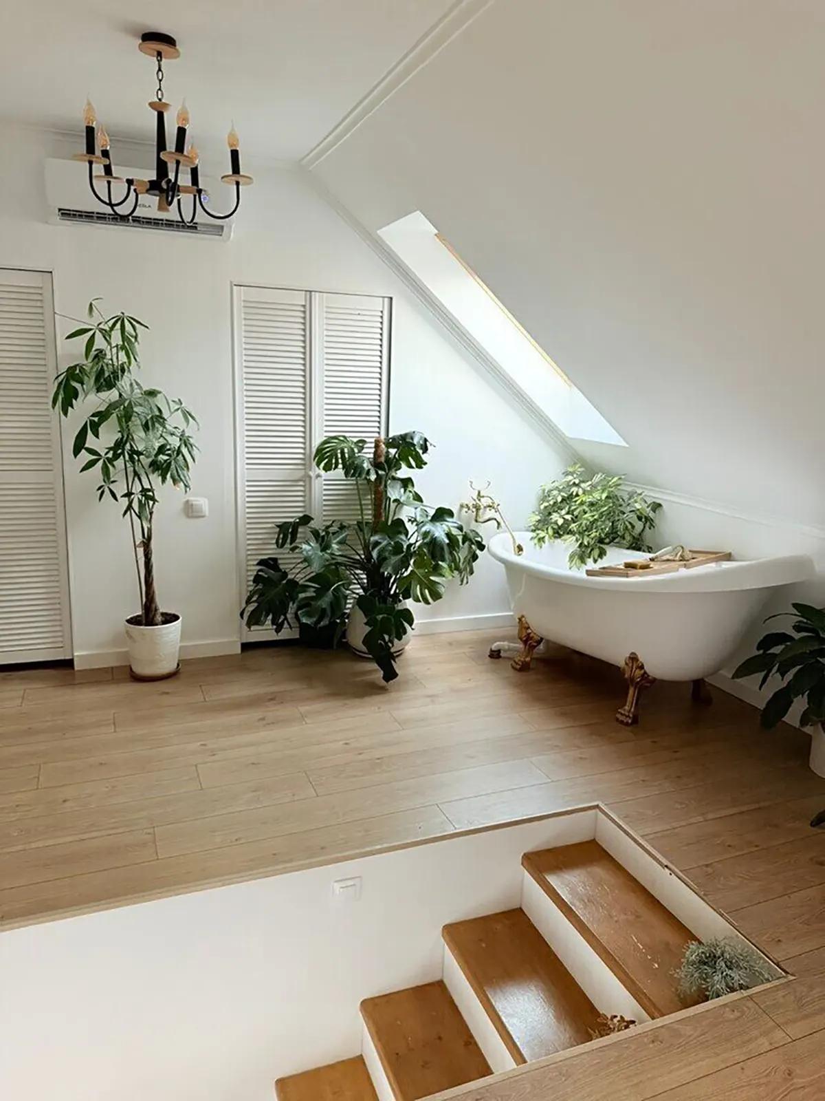 Мансардная ванная с ванной на ножках и растениями