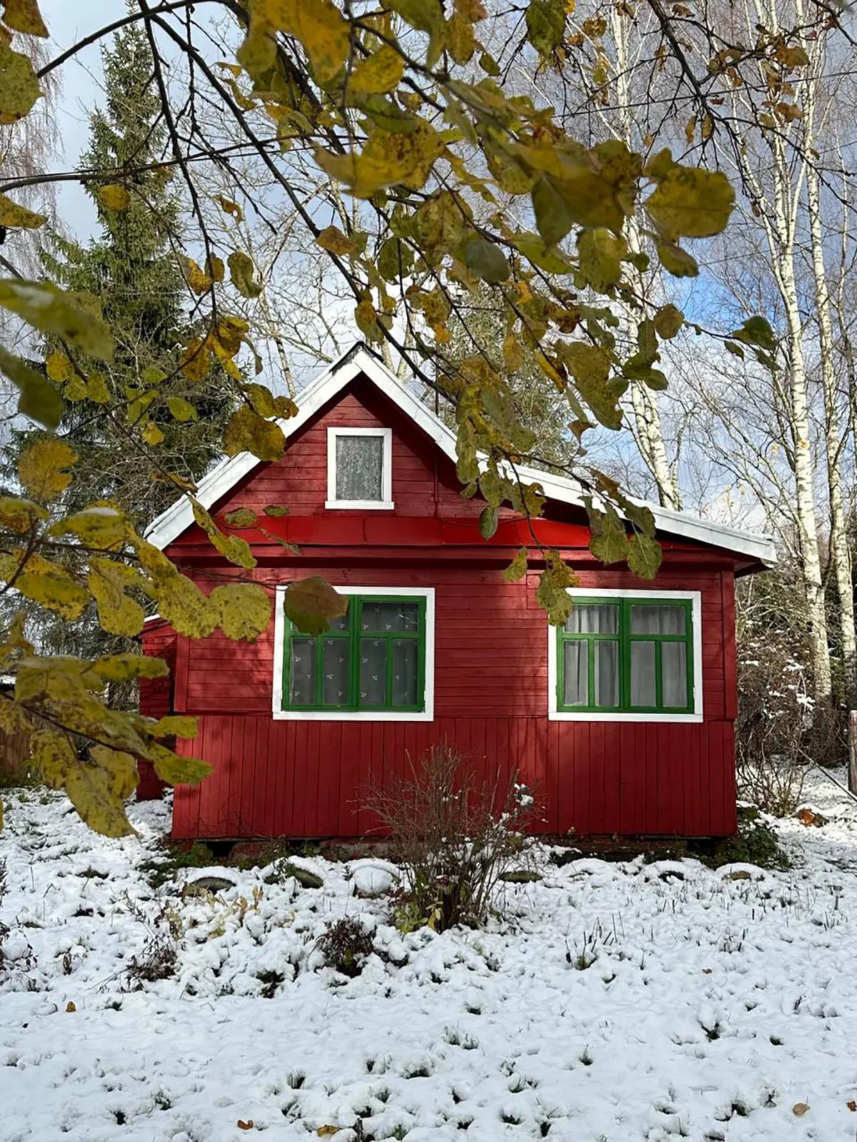 Красный дом с зелеными оконными рамами в Ярославской области зимой