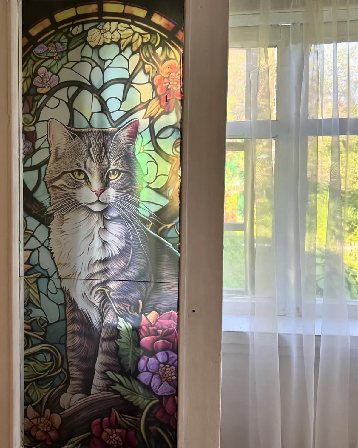 Стеклянная дверь, украшенная витражной пленкой с изображением кота