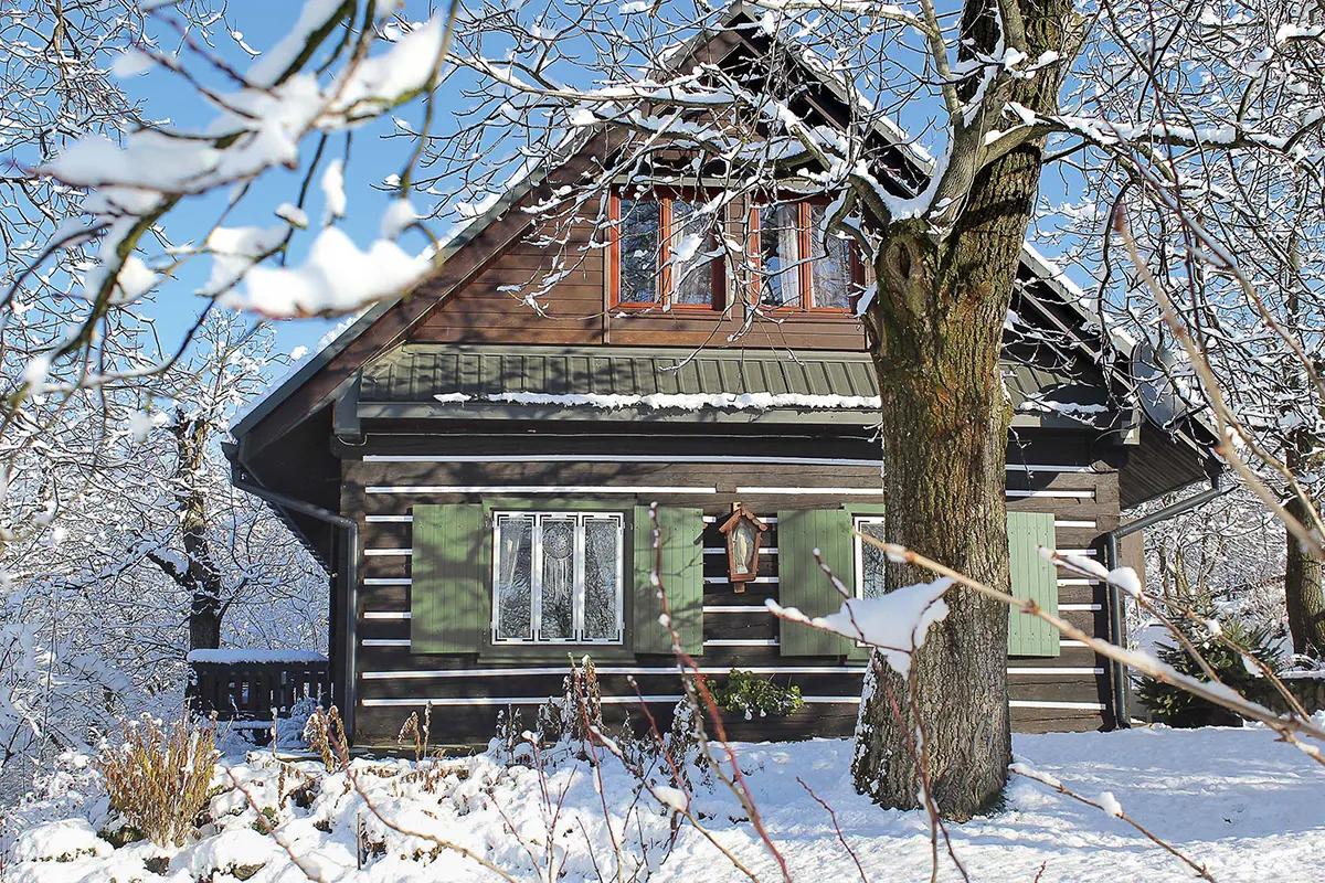 Заснеженный деревянный домик в зимнем лесу с зелеными ставнями под голубым небом