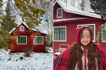 Коллаж: слева — красный дом в Ярославской области, справа — хозяйка дома