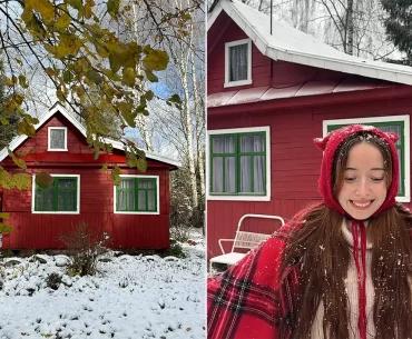 Коллаж: слева — красный дом в Ярославской области, справа — хозяйка дома