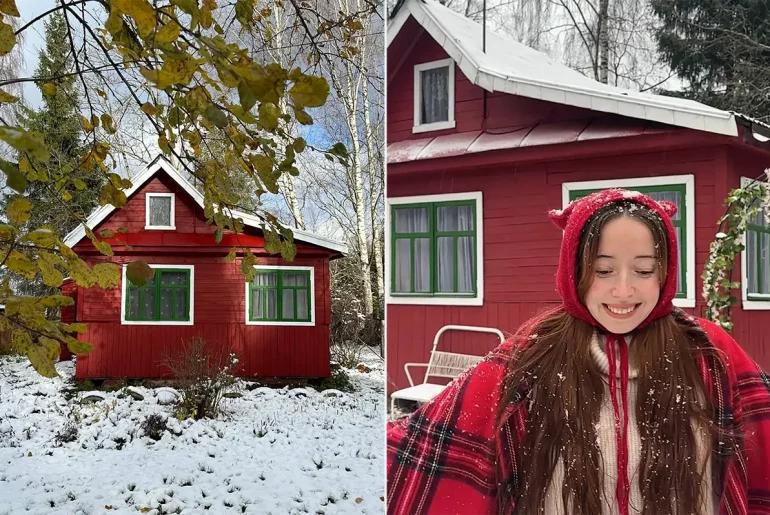 Коллаж: слева — красный дом в Ярославской области, справа — хозяйка дома