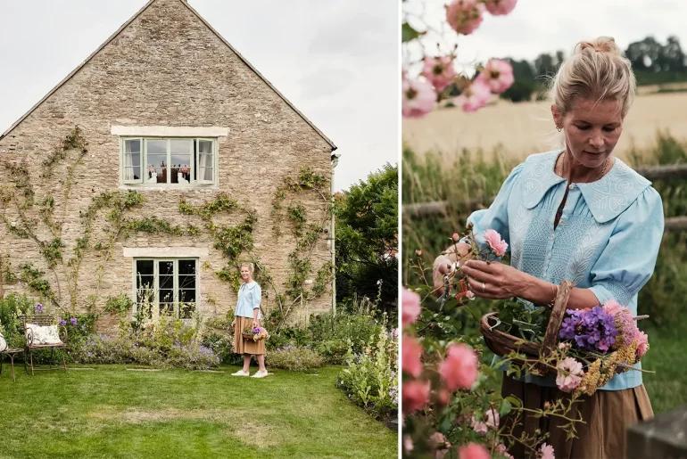 Коллаж: Дом Александры Толстой в Котсуолде, Александра Толстая собирает цветы