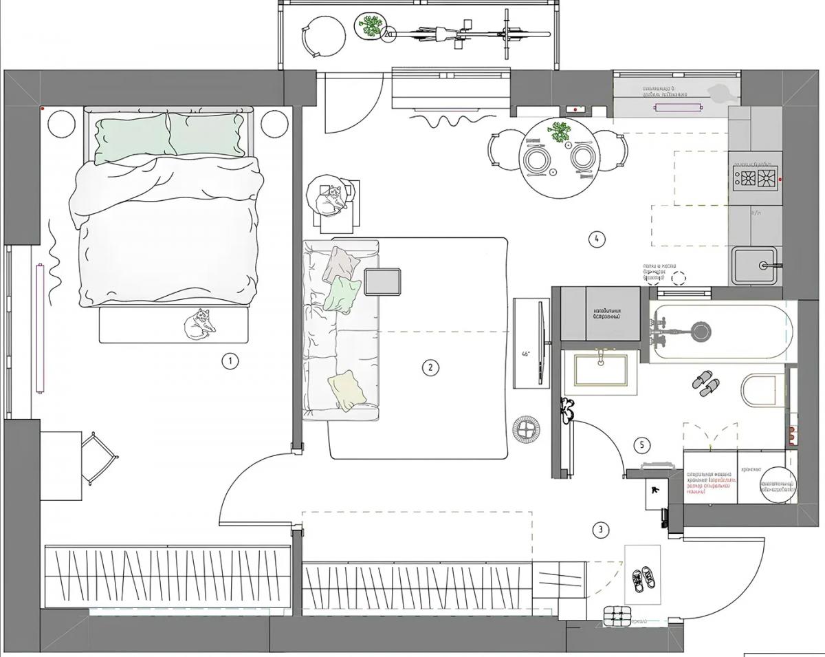 План 2-комнатной квартиры 45 кв.м. в хрущевке после перепланировки