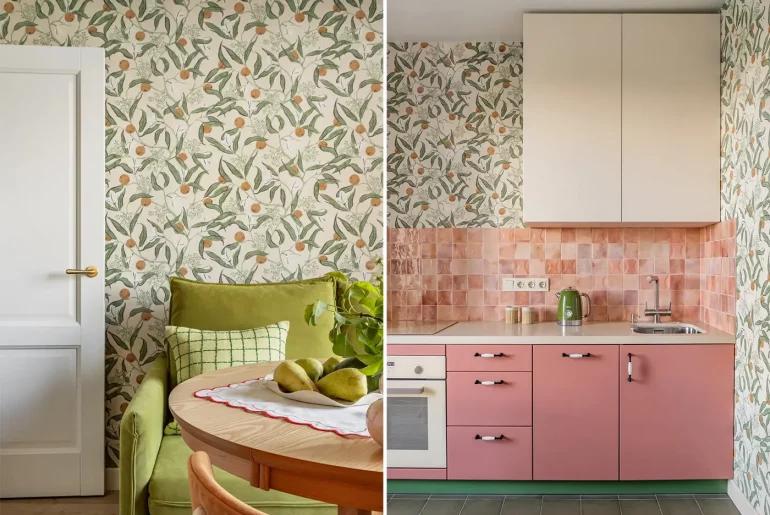 Интерьер однушки 39 кв. м в стиле кантри: розовая кухня и шведские обои в Люберцах